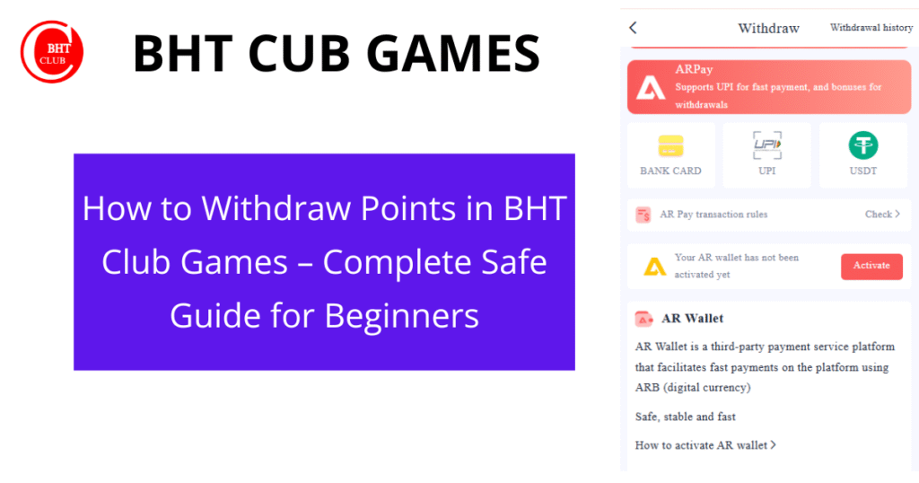 BHT Club games wallet showing withdraw points option